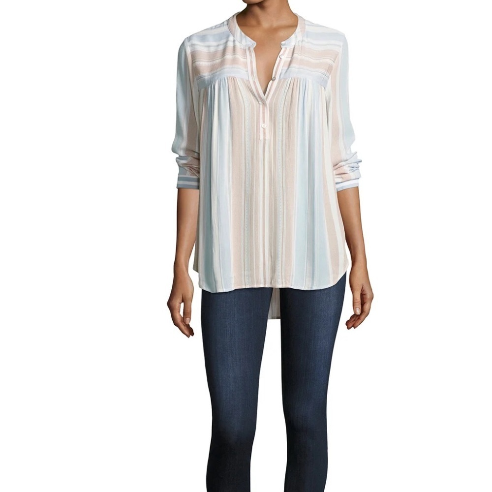 AG Adriano Goldschmied Neutral Stripe Henley Tunic Blouse Size XS Retail $138